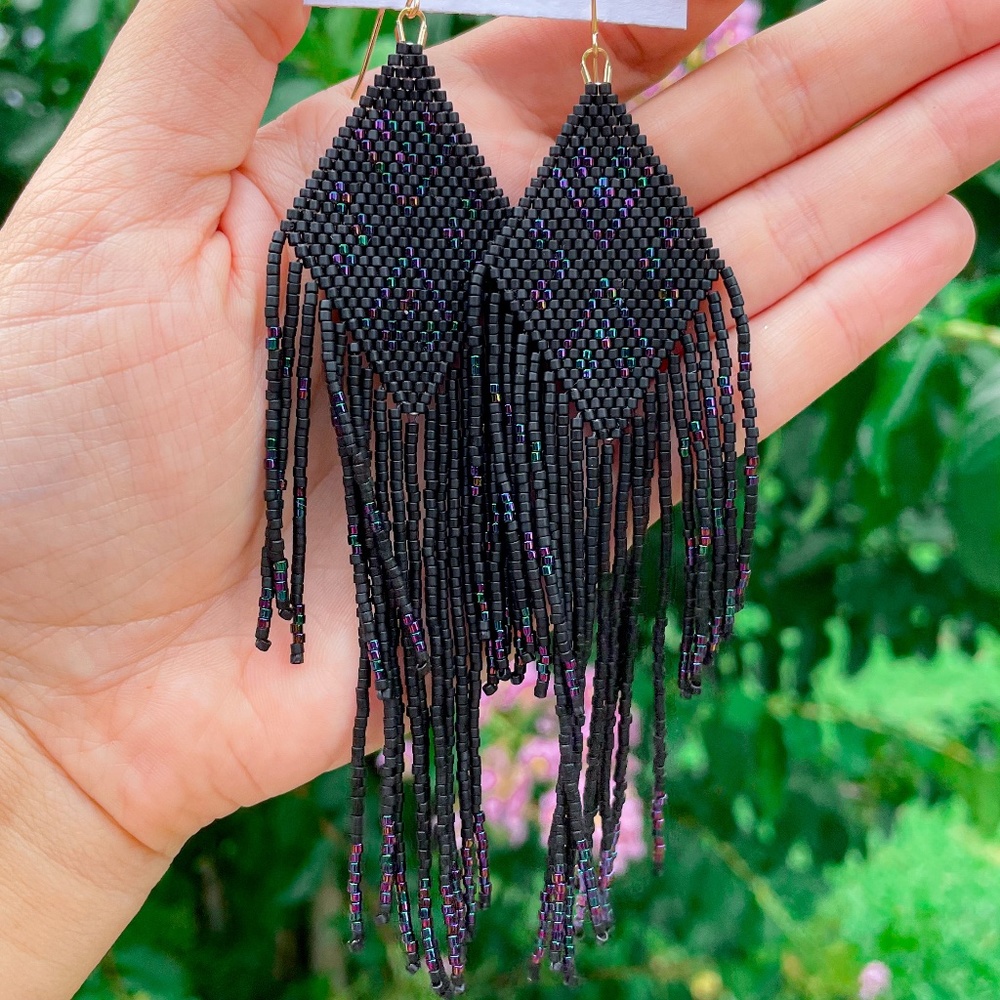 Handmade Boho Beaded Black Luster Fringe Earrings